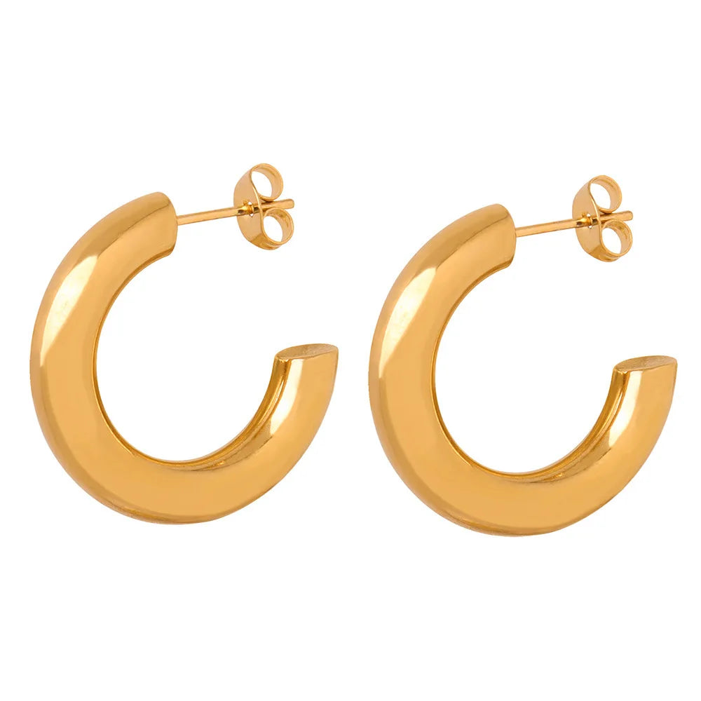 French Glossy Design Titanium Steel 18K Gold Plating C- Shaped Earrings Waterproof Tarnish Free Jewelry for Women