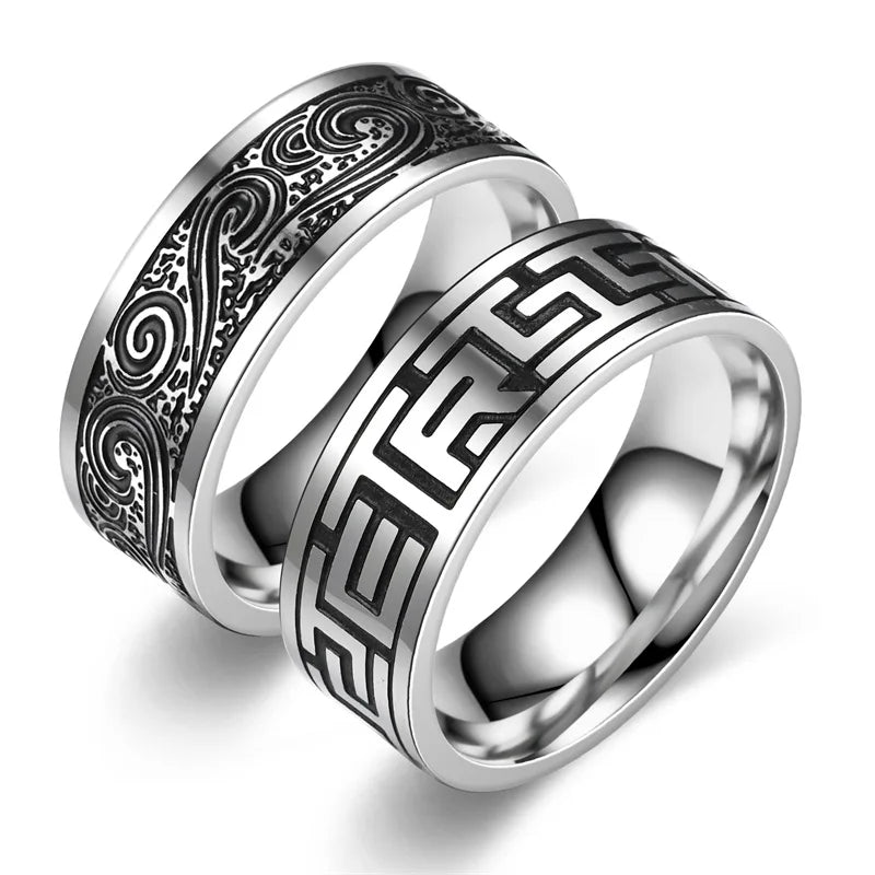 8MM Stainless Steel Carved Sea Wave Great Wall Pattern Retro Rings Punk Hip Hop Signet Band Rings for Men