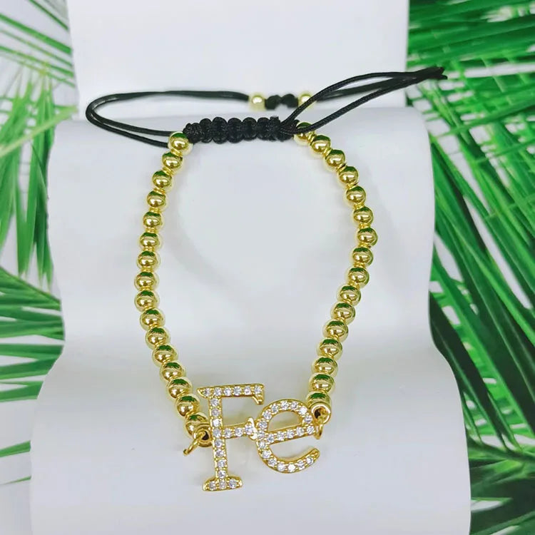 BC1512 Delicate Chic Gold Accents Beads CZ Micro Pave Letter Fe Charm Macrame String Cord Bracelet for Girls