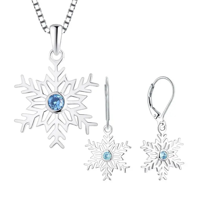 Fashionable 2 in 1 Christmas Winter Elegant Sterling Snowflake Earrings Necklace in Set Blue Cubic Zirconia Stones Jewelry Sets