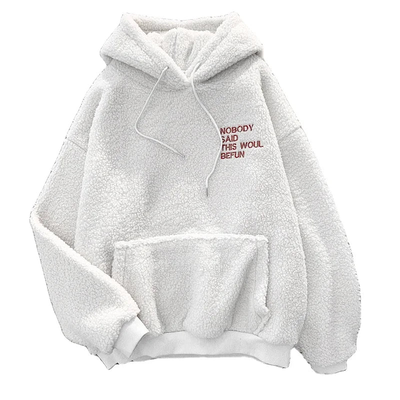 Hooded Sweatshirt Solid Pullover Winter Thick Warm Coat Lady Loose Fit Long Sleeve Tops Womens Hoodie