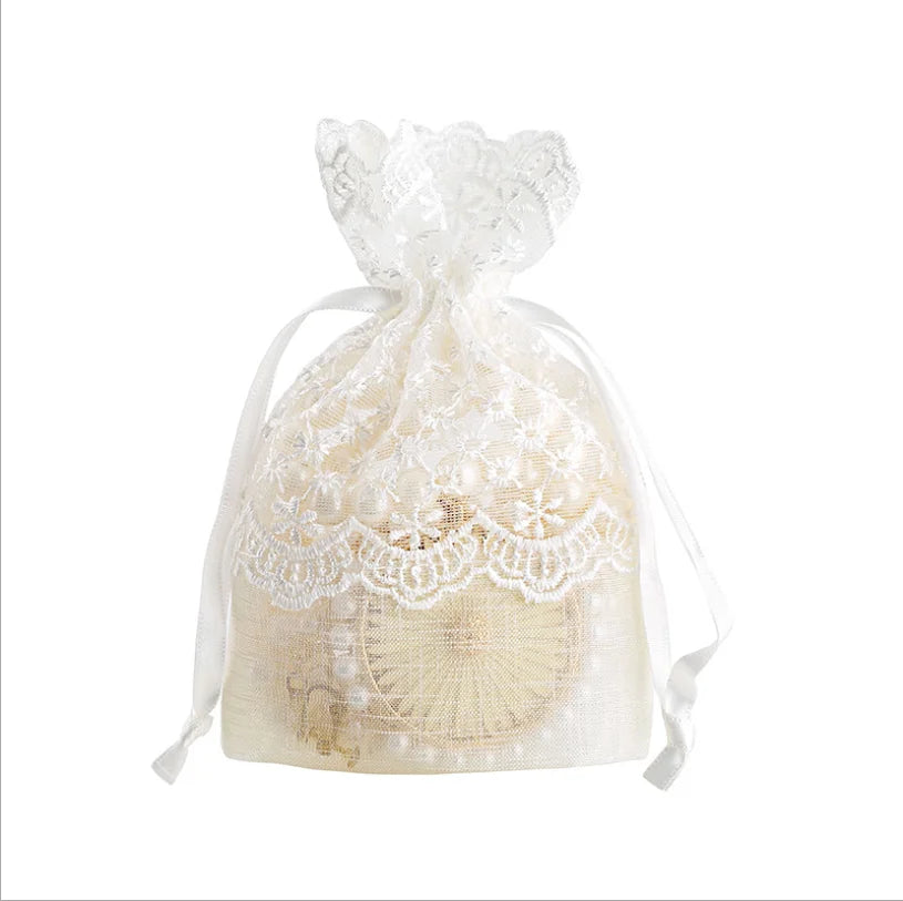 Feather Lace White Mesh Eco-Friendly Cotton Drawstring Bag Silk Screen Printed Hot Stamped Custom Logo Christmas Wedding Jewelry