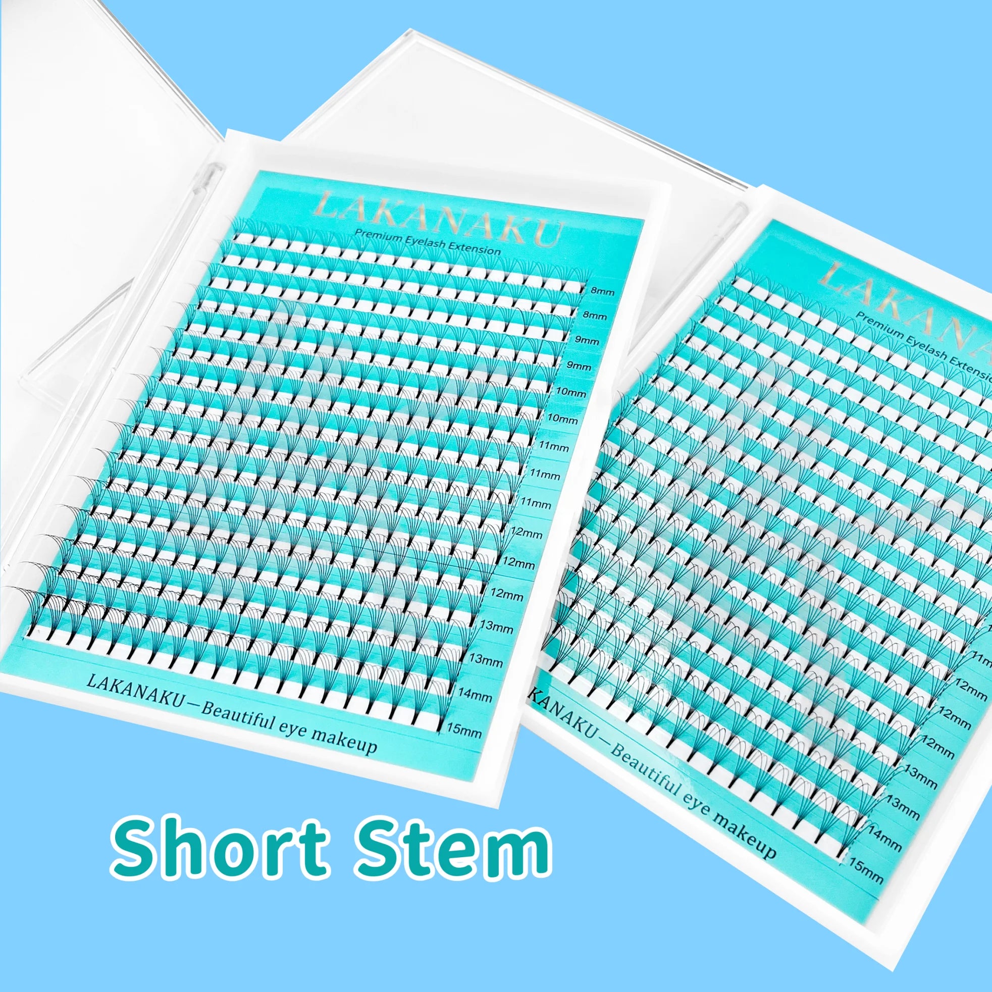 LAKANAKU 3D 5D 6D Short Stem Pre Made Lash Fan Private Label Pre-made Eyelash Extensions Trays Heat Bonded Premade Volume Fans