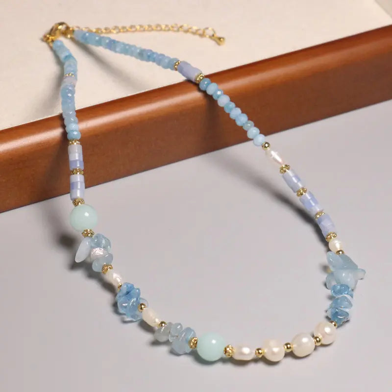 Handmade Natural Stone Choker Irregular Aquamarine Beaded Necklace Baroque Pearl Beads Adjustable Jewelry for Women Girls Gift