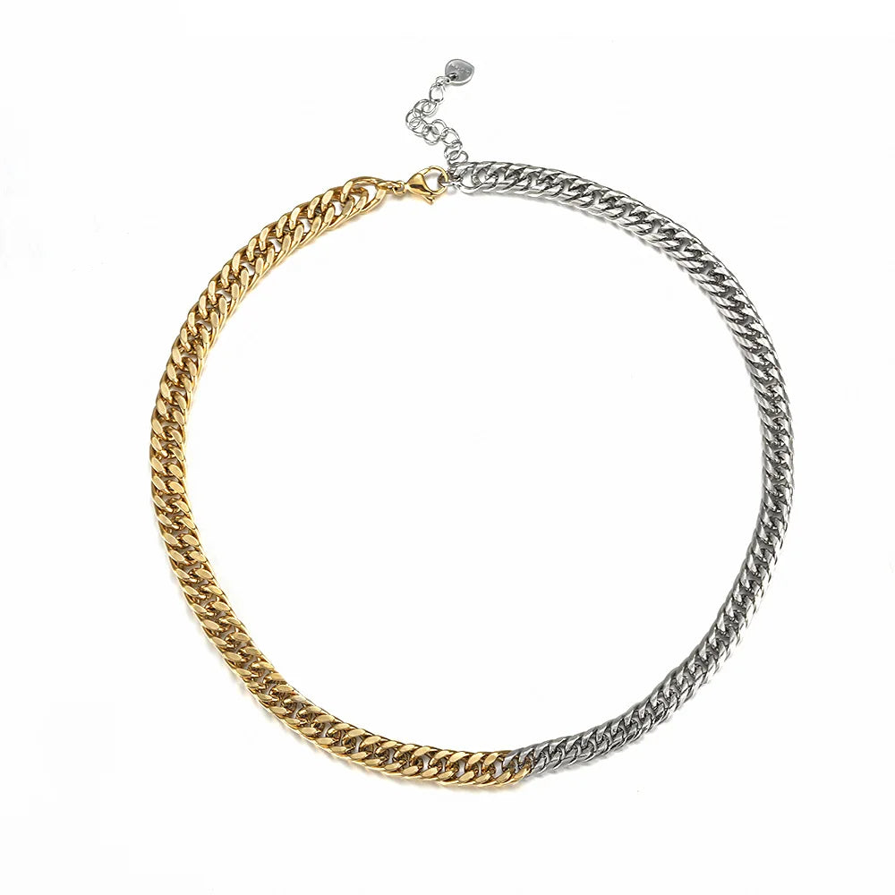 Women's RANOVEO 8MM Hiphop Cuban Chain Gold Silver Mixed Stainless Steel 16 Inches Necklace Chains for Party Gift Collar Choker
