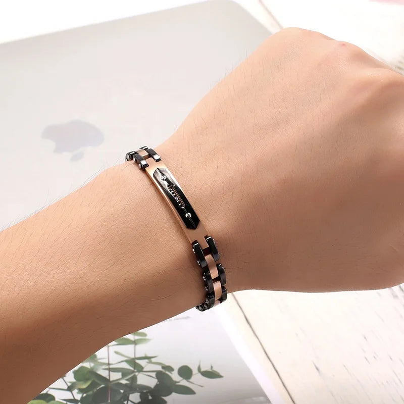 Luxury Mens Ceramic Bracelet Stainless Steel Black Link Chain with Wristbands Inlaid Black Zircon Adjustable