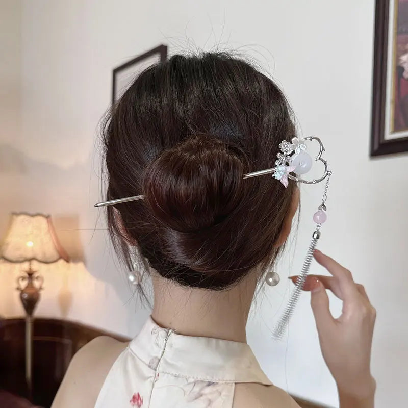 Retro Jade Heart Irregular Tassel Hairpin Hair Sticks Hanfu Hair Chopsticks Wedding Hairstyle Design Tools Gifts for Women