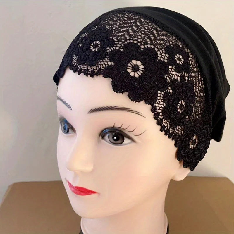 CCY Muslim Lace Flower Thin Turban Cap Solid Color Head Wrap Mesh Breathable Elastic Beanie Women Ramadan Bonnet Hijab Chemo