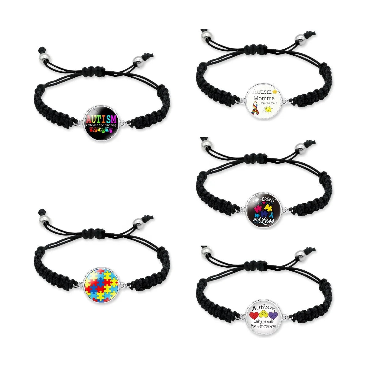 Autism Awareness Embrace the Amazing Different Not Less Autism Mom Puzzle Pieces Charm Black Cord Macrame Bracelet