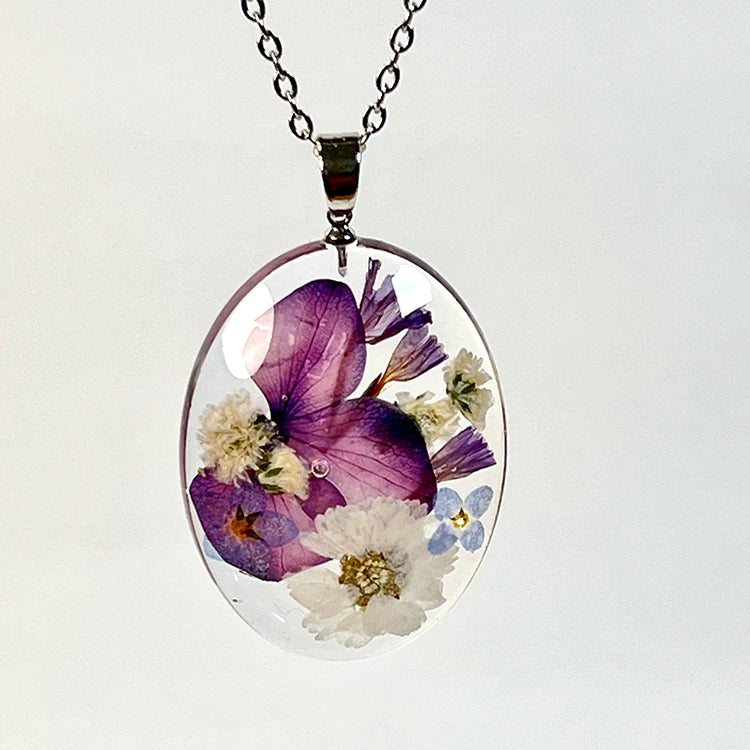 Custom Real Dried Flower Pendants Necklace Oval Shape Transparent Charms Resin Jewelry with Stainless Steel LInk Chain for Women