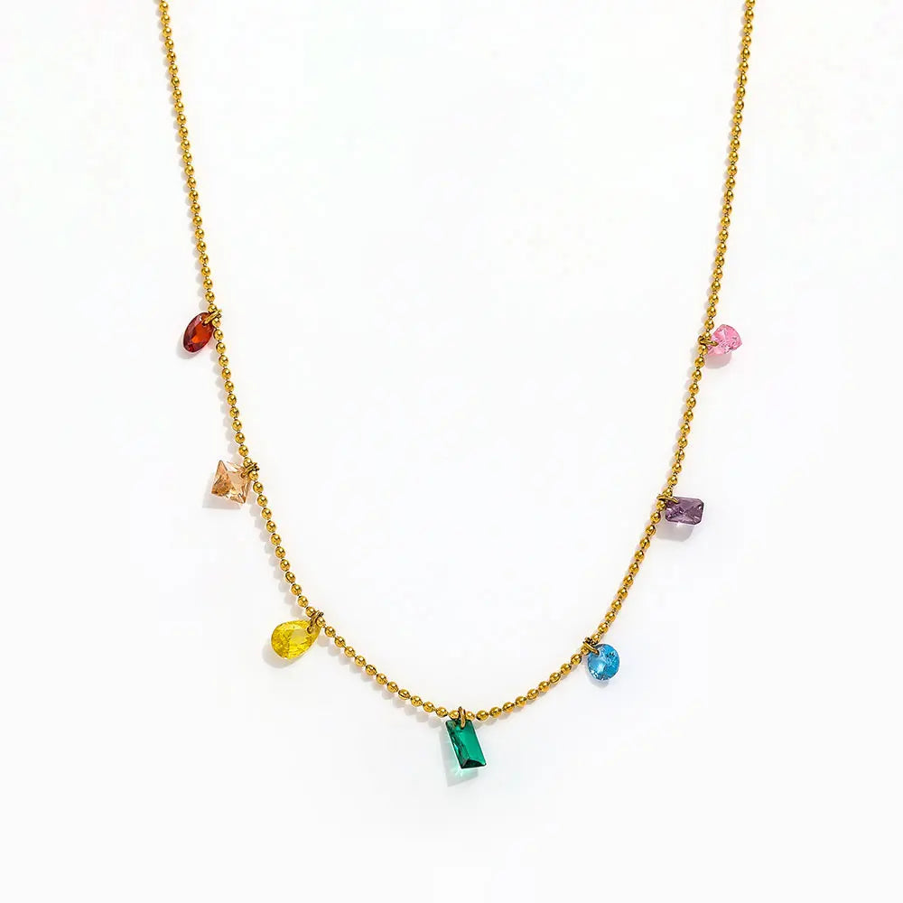 Joolim Jewelry 18K Gold Plated Colorful Rectangle Oval Round Zirconia Pendant Choker Necklace Stainless Steel Jewelry Wholesale