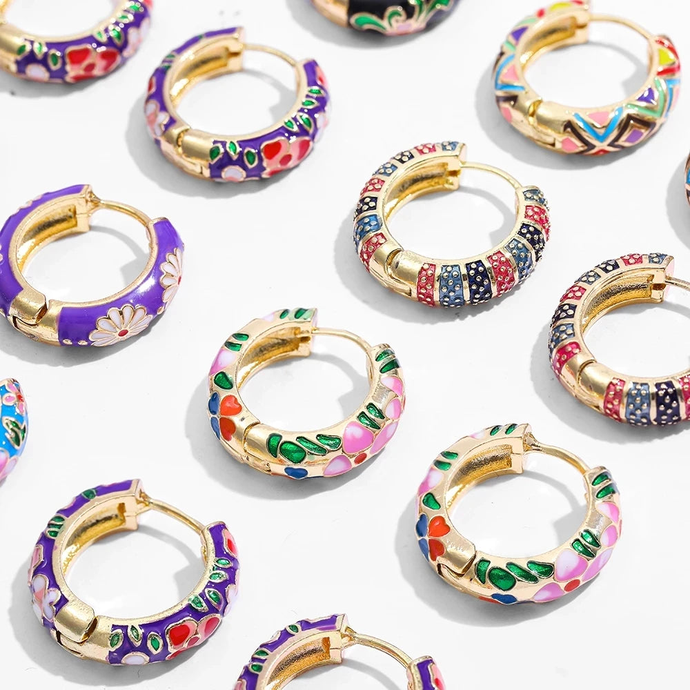 SC Trendy Korean Geometric Statement Round Circle Huggie Earrings Gold Plated Vintage Enamel Flower Hoop Earrings for Women