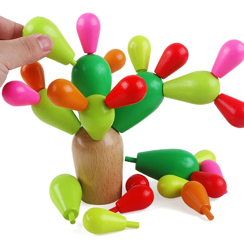 Wooden Montessori Balancing Cactus for Stacking Rainbow Toys - Build and Stack Pegboard Set for Toddlers - Fun and Educational