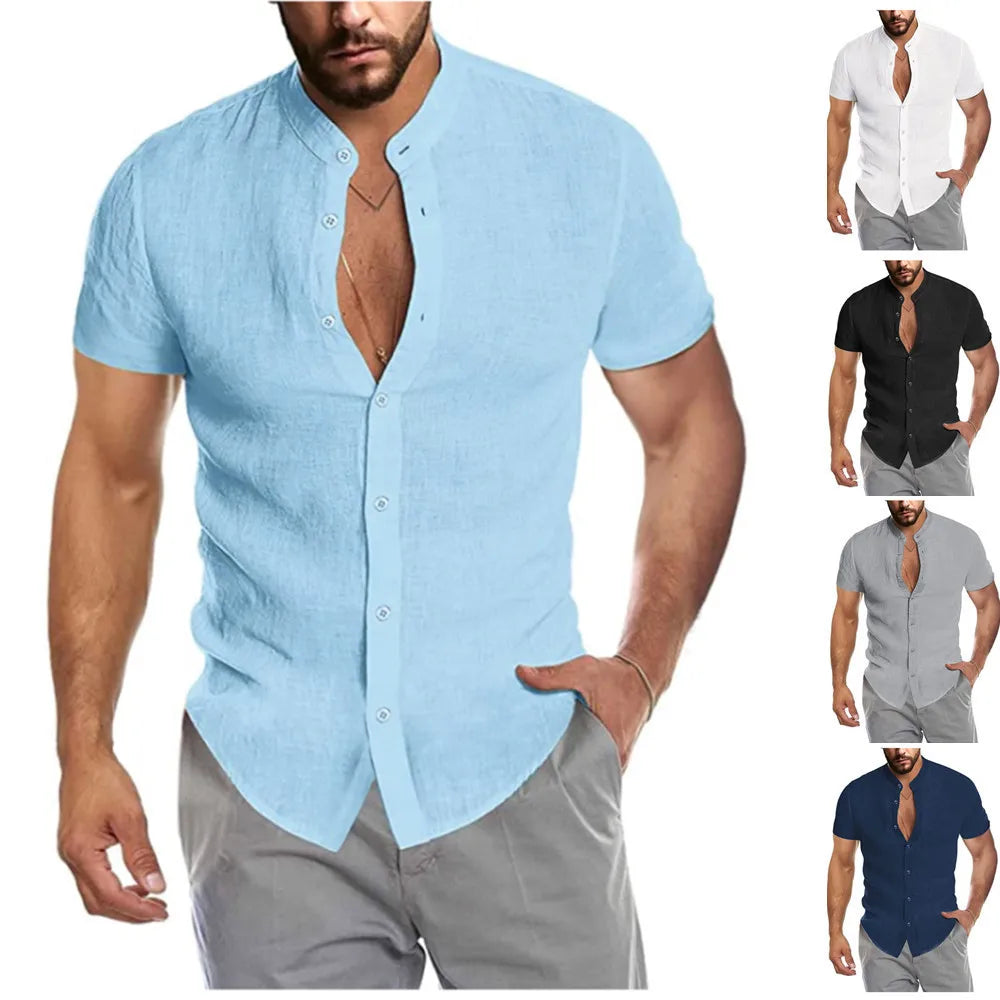 M-3XL Summer V-neck Linen New Cardigan Stand Neck Short Sleeve Men's Shirt  Streetwear