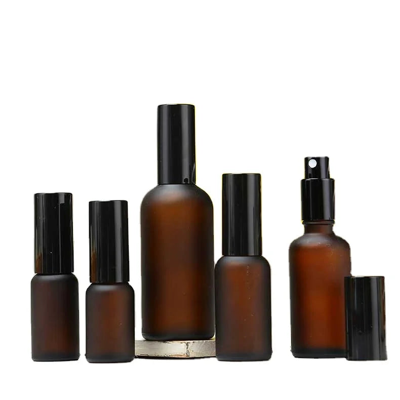 5 10 15ml 20ml 30ml 50ml 100ml Frosted Amber Spray Essential Oil Refillable Amber Glass Spray Bottle With Black Spray Pump Cap