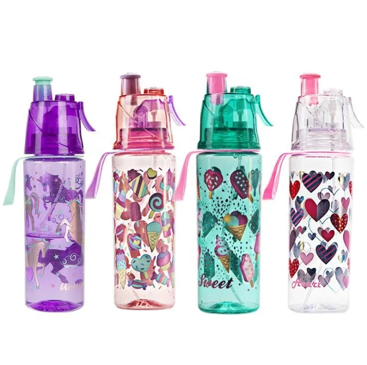 Orealmi Children's Cartoon Design PC Plastic Boiling Water Safe 500ml Water Bottle with Straw Clear Spray Sports
