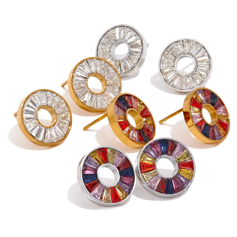 JINYOU 2317 Colorful Cubic Zirconia 316L Stainless Steel Round Bling Stud Earrings High-Grade Luxury Rainbow Jewelry Women Gala