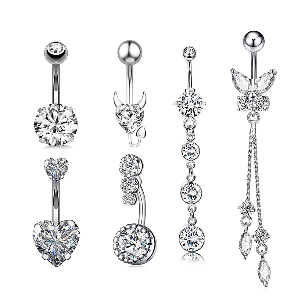 Double Heart Shape Stainless Steel Navel Ring Stud Butterfly Zircon Dangle Belly Rings with Body Piercing Inlaid for Weddings