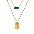 Geometric Styles Stainless Steel Box Chain Green Rhinestones Emerald Square Moon Pendant Necklace for Gift