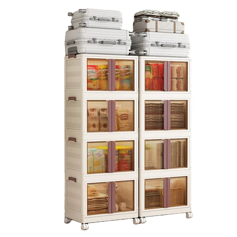 Plastic Stackable Kids Clothes Folding Double-door Storage Box With Wheels Foldable Wardrobe Organizer Storage Cabinet