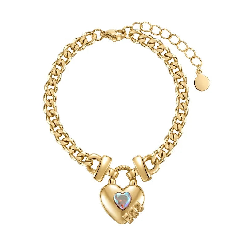 14K Gold Plated Stainless Steel Jewelry Thick Chain Heart Lock Pendant Accessories Bracelets B222277