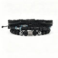 Ilona Multi Layer Matte Stone Bracelet for Men Natural Black Onyx Wooden Cube Bead Braided Leather Adjustable Cord Fathers Day