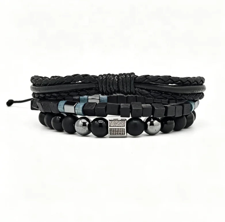 Ilona Multi Layer Matte Stone Bracelet for Men Natural Black Onyx Wooden Cube Bead Braided Leather Adjustable Cord Fathers Day