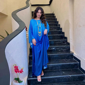 Elegant Middle East Dress Gradient Solid Color Loose Long Dress Round-Neck Abaya Women Muslim Dress