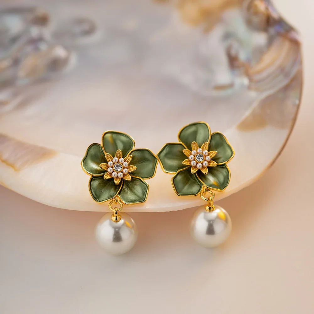 French Vintage Style Enamel Green Camellia Pearl Drop Earrings Brass 18K True Gold Plated Pendant Earrings Jewelry