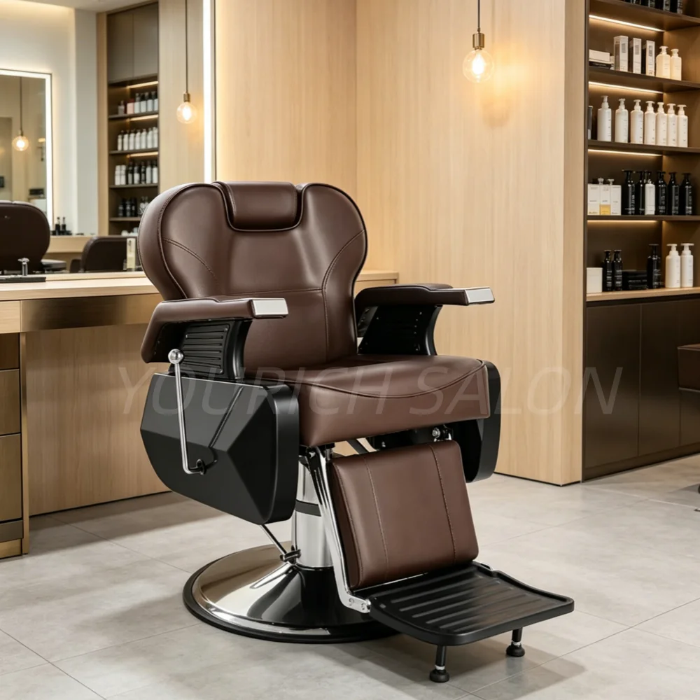 Brown Barber Chairs for Barbershop Hydraulic Reclining Barber Chair for Hair Cut Salon Equipment
