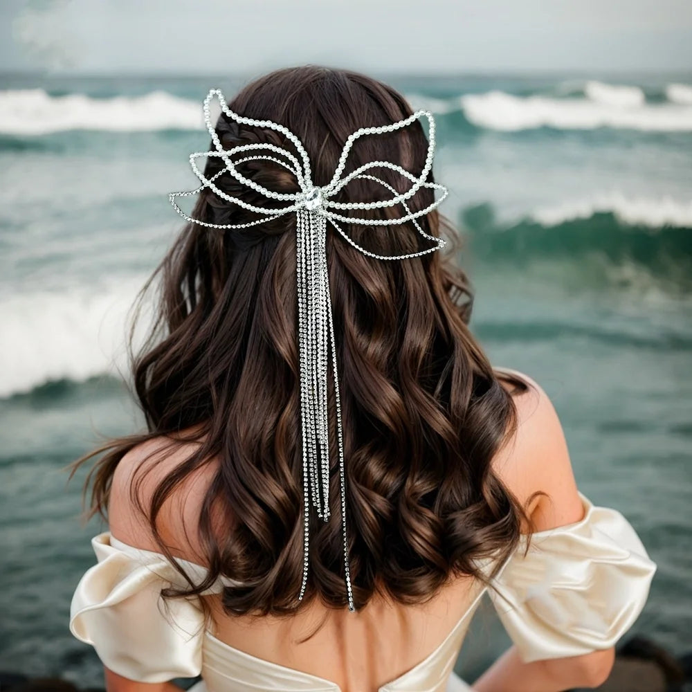 Handmade Pearl Rhinestone Wave Tassel Bow Hair Comb Wedding Bridal Hair Accessories Bride Hair Vine Headband Headpiece