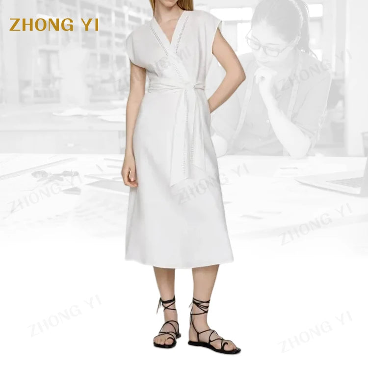Clothes Wholesale Factory Custom Fashion Long White Color Women Summer Lace Belt Elegant Casual Midi Dresses
