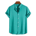 New Hot Men's Summer Stand Collar Shirt Fashion Street Clothing Casual Short Sleeve Solid Color Shirts