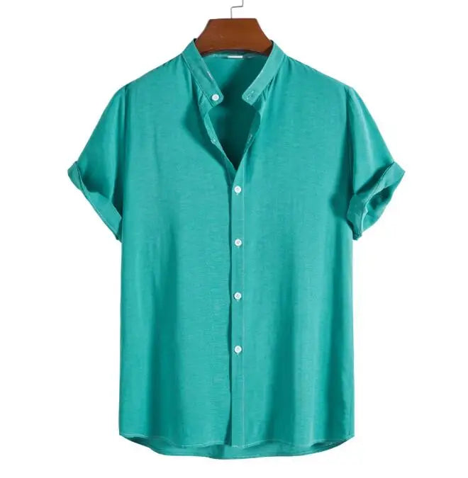 New Hot Men's Summer Stand Collar Shirt Fashion Street Clothing Casual Short Sleeve Solid Color Shirts