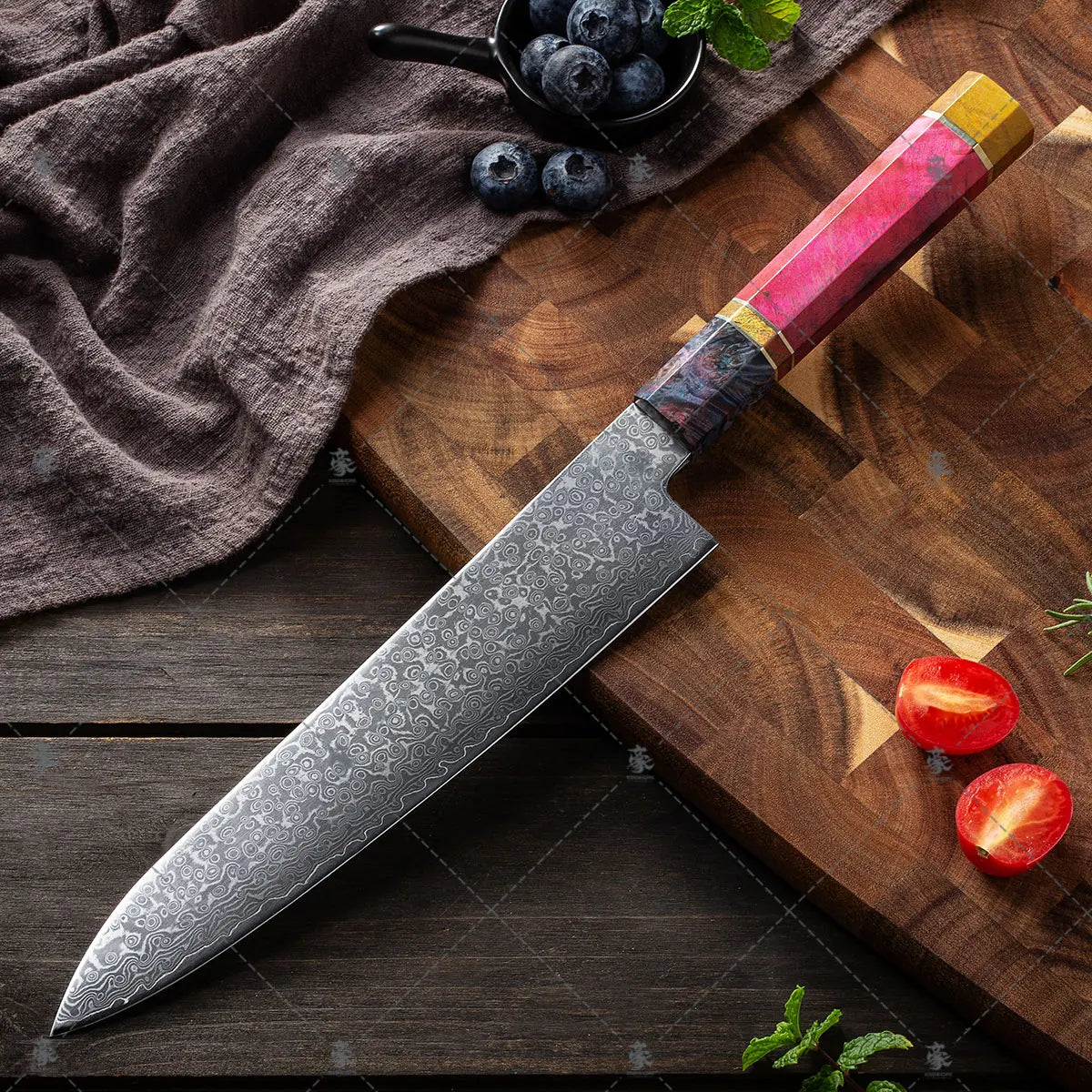 KEENHOPE 9.5 Inch Professional Japanese Damascus Chef Knife 67 Layers VG10 Steel Sharp Stabilized Maple Burl Octagonal Handle MegaBDM