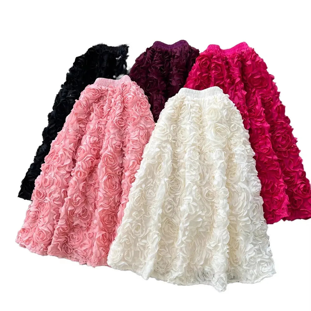 Trendy Medium to Long French Elegant Three-dimensional Rose Blossom Fluffy fairy A-line Half Skirt for Women's