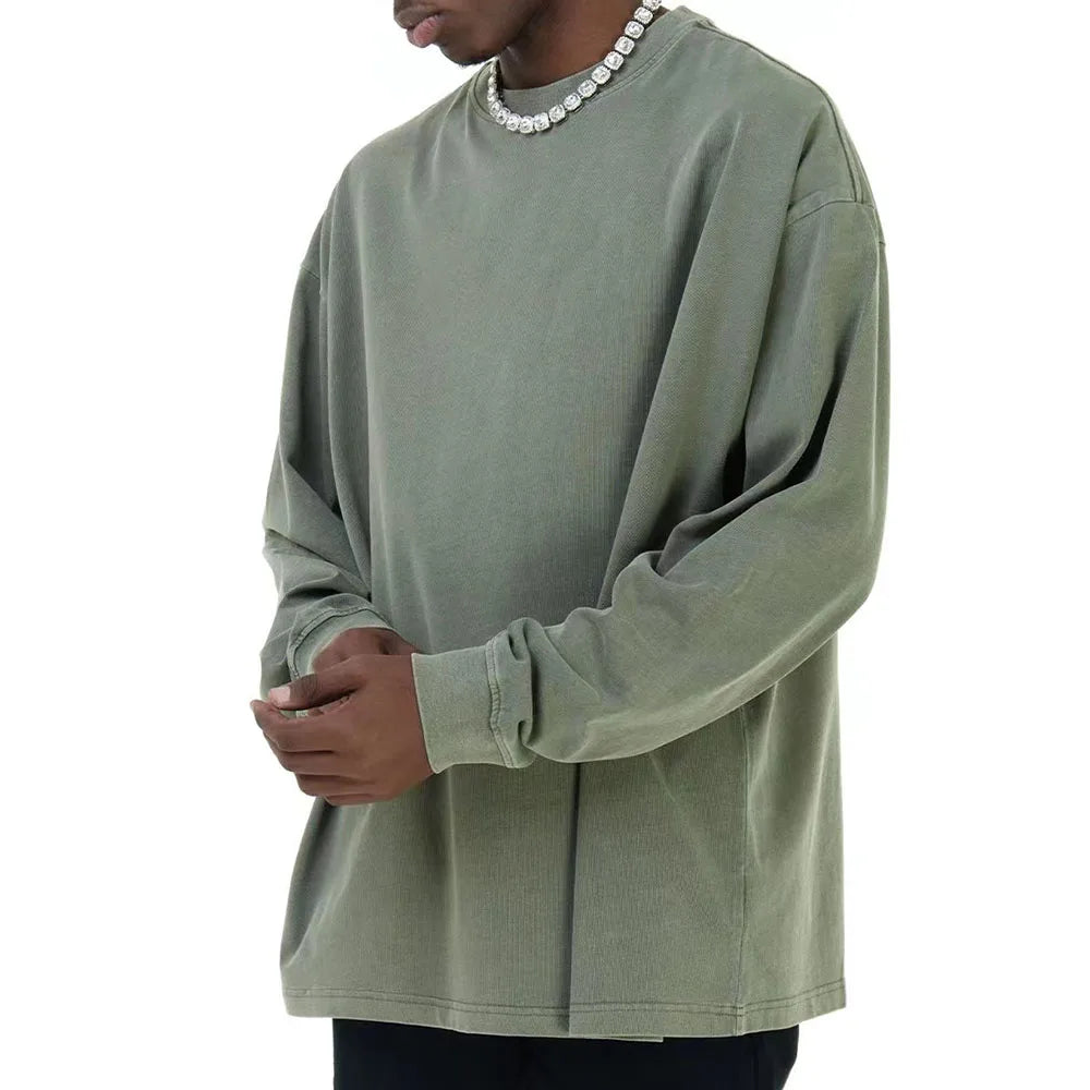 Unisex Street Retro Long Sleeve T-shirt Acid Washed Round Neck Long Sleeve T-shirt Men's Loose T-shirt Autumn Bottoming Shirt