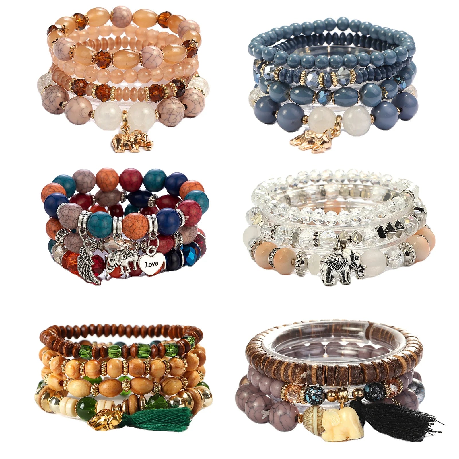 Hot Selling Creative Round Bead Retro Fashion Multi-Piece Ethnic Heart Bracelet Tassels Bracelet