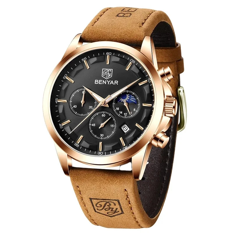 Benyar 5160 Men's Watch with Box High Quality Waterproof Watch for Men with Chronograph Calendar Luminous Hands Male Wristwatch
