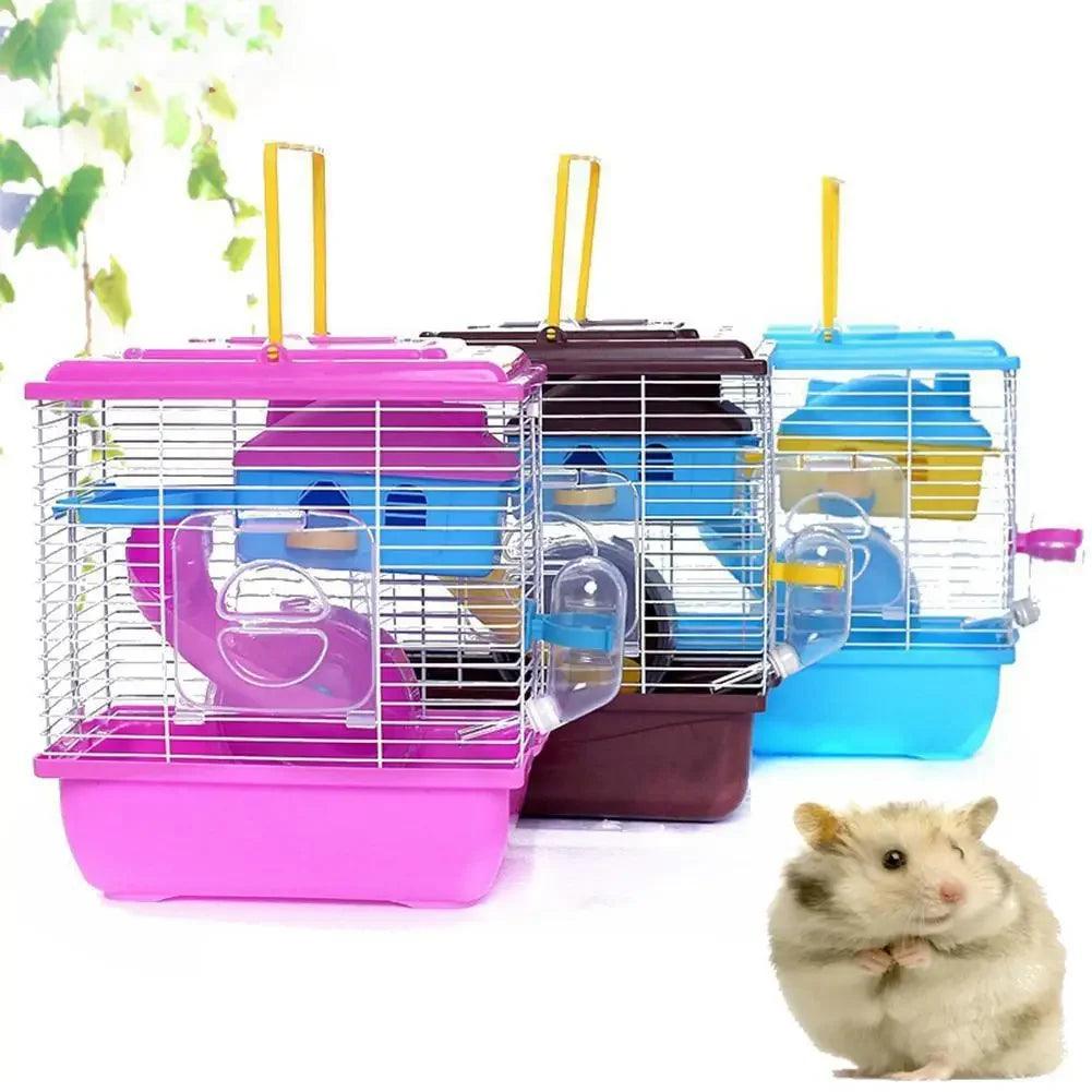 Pet Cage Hamster Cottage Villa Double Layer House with Feeding Bowl Running Wheel Slide Toy for Hamster Small Pets