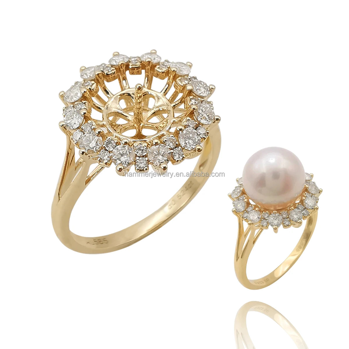 Professional Factory Customization 14K Solid Gold 10-11mm Pearl Ring Semi Mount with Natural Diamond Jewelry Making