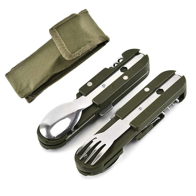 Camping Eco-Friendly Folding 5 1 Travel Flatware Stainless Steel Portable Corkscrew Spoon Fork Knife Bottle Opener Cutlery Set