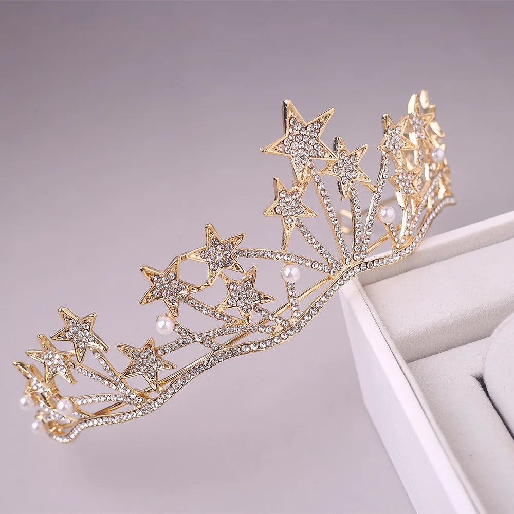 Wholesale New Products Factory Price Bridal Star Headwear Bridal Hair Accessories Birthday Alloy Pearl Rhinestone Diamond Crown