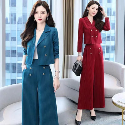 M-2XL Small Suit Set Women's Spring and Autumn New Leisure Fashion Temperament Professional Wide Leg Pants Two Piece Set