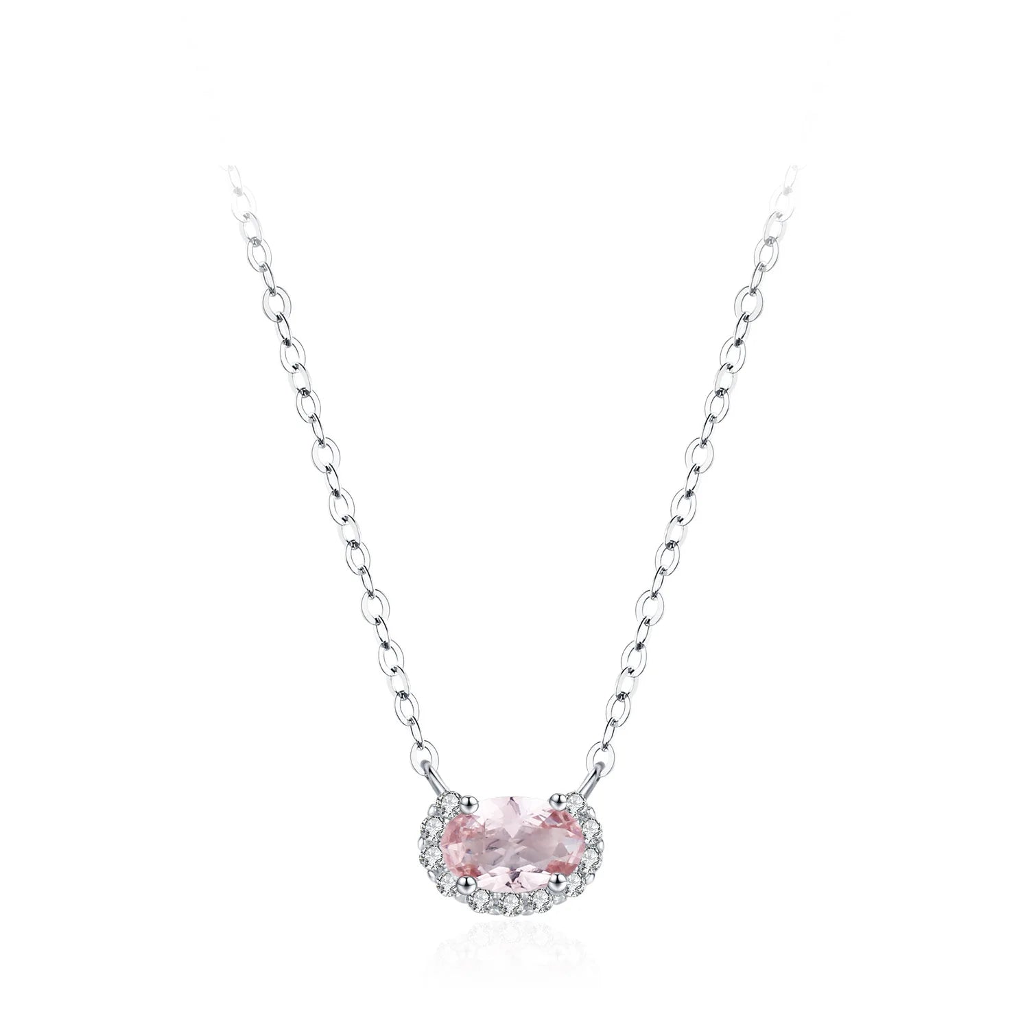 Fashion Simple Pink Zircon Stackable Clavicle Chain 925 Sterling Silver Geometric Oval Pendant Necklace for Girl Women
