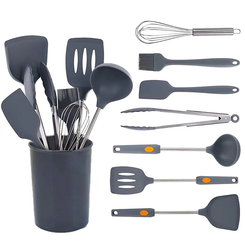 Kitchen Cooking Tools 8Pcs Multifunction Set Stainless Steel Handle Silicone Cooking Utensils Includes Holder Customized Logo