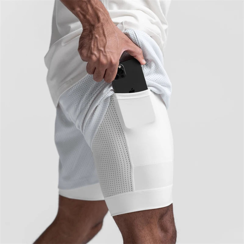 Wholesale Sporty Solid Double Layer Mesh 2-in-1 Mens Custom Cropped Fit Polyester Breathable Quick Dry Workout Jogger Running