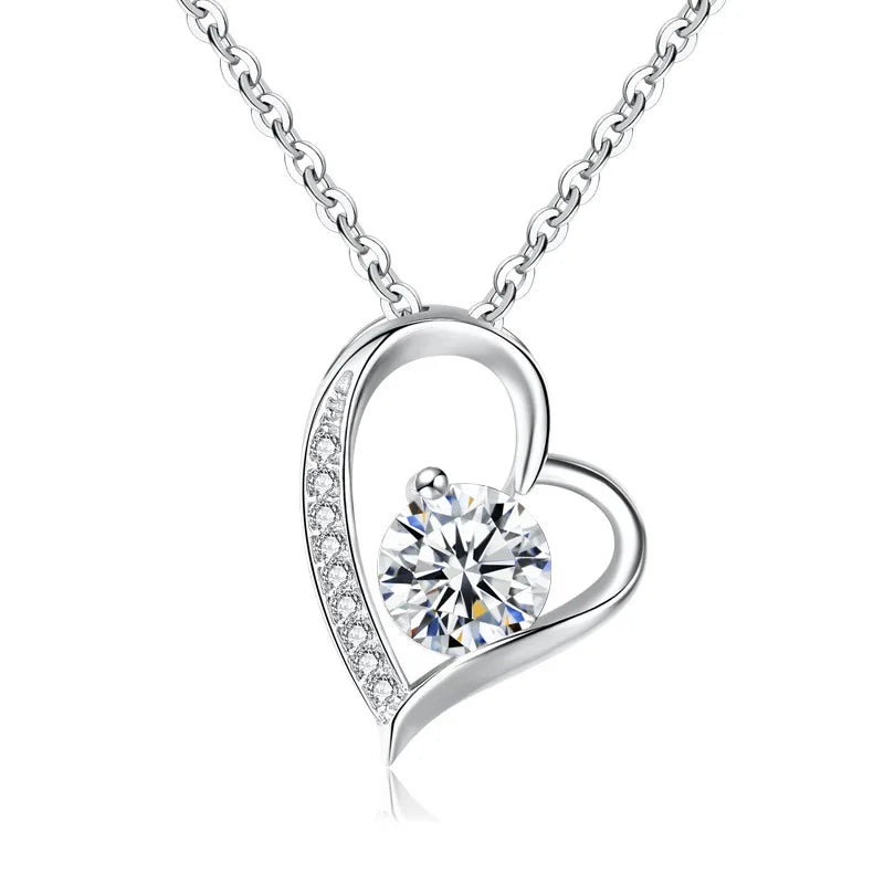 Zircon Love Silver 925 Necklace Rhodium Plated Heart Shape Diamond CZ Water-wave Chain Wedding Christian Party