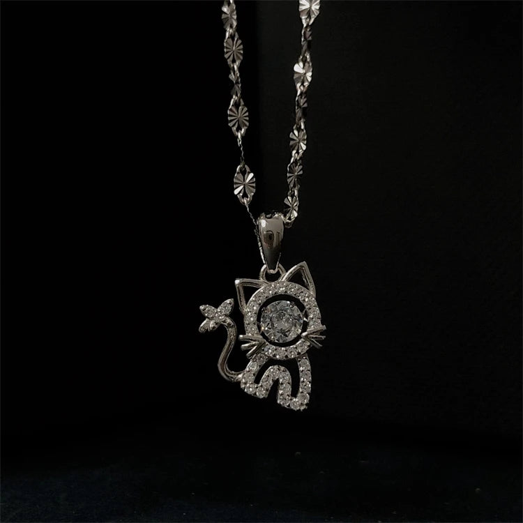 Cute Cat Pendant 925 Sterling Silver Lovely Animal Cat Zircon Diamond Necklace for Women Girls