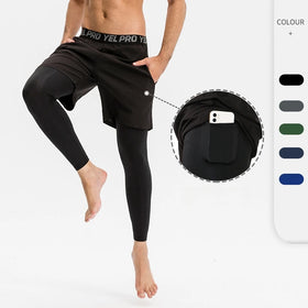 Breathable Quick Dry 4-way Stretch Mid Waist Solid 2-in-1 Mens Running Gym Fitness Shorts with Tight Leggings